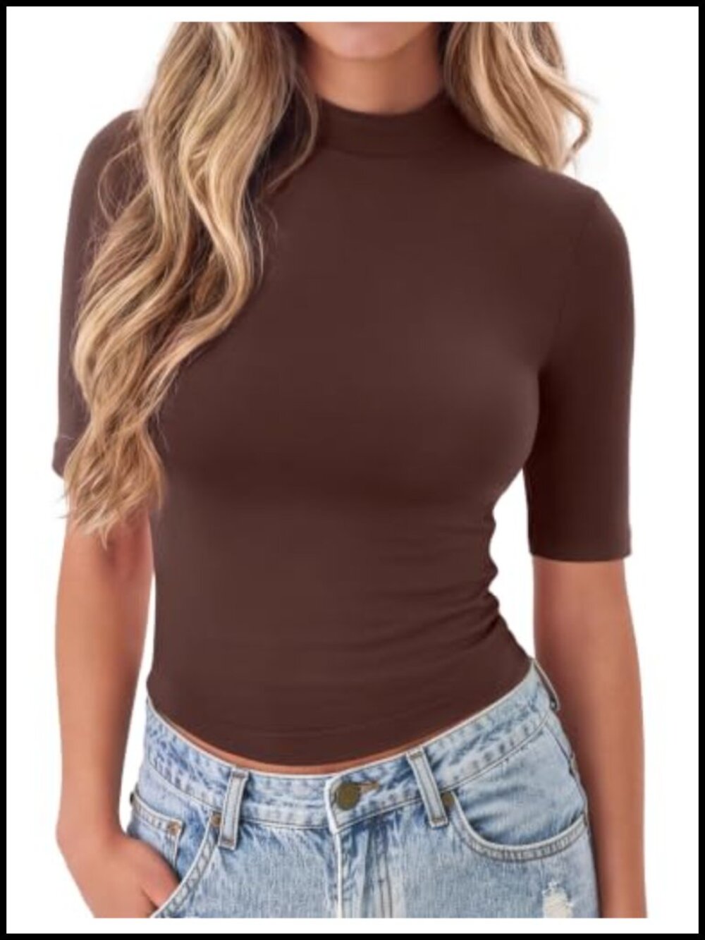 Mock Neck Short Sleeve Slim Fit Women's T-Shirt Stretch Polyester Spandex